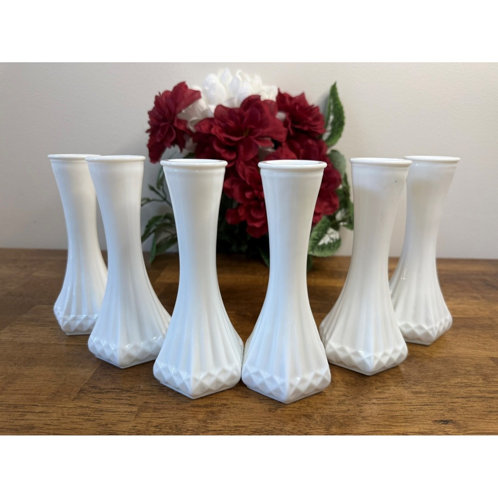 Hoosier Glass Vintage Milk Glass Vases Diamond Pattern White Wedding MCM‎ Decor